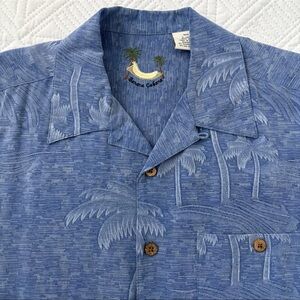 Banana Cabana Men’s 100% Silk Shirt Hawaiian Palm Tree Print Blue Size Large